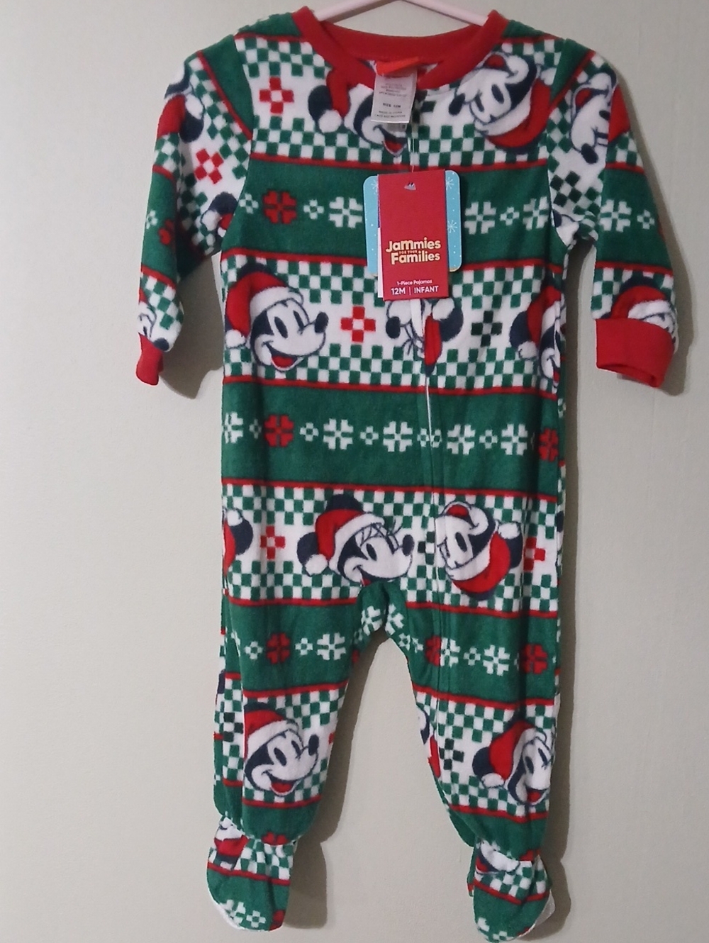 Disney Green and Red Mickey Holiday Footed One-Piece 12 MONTHS